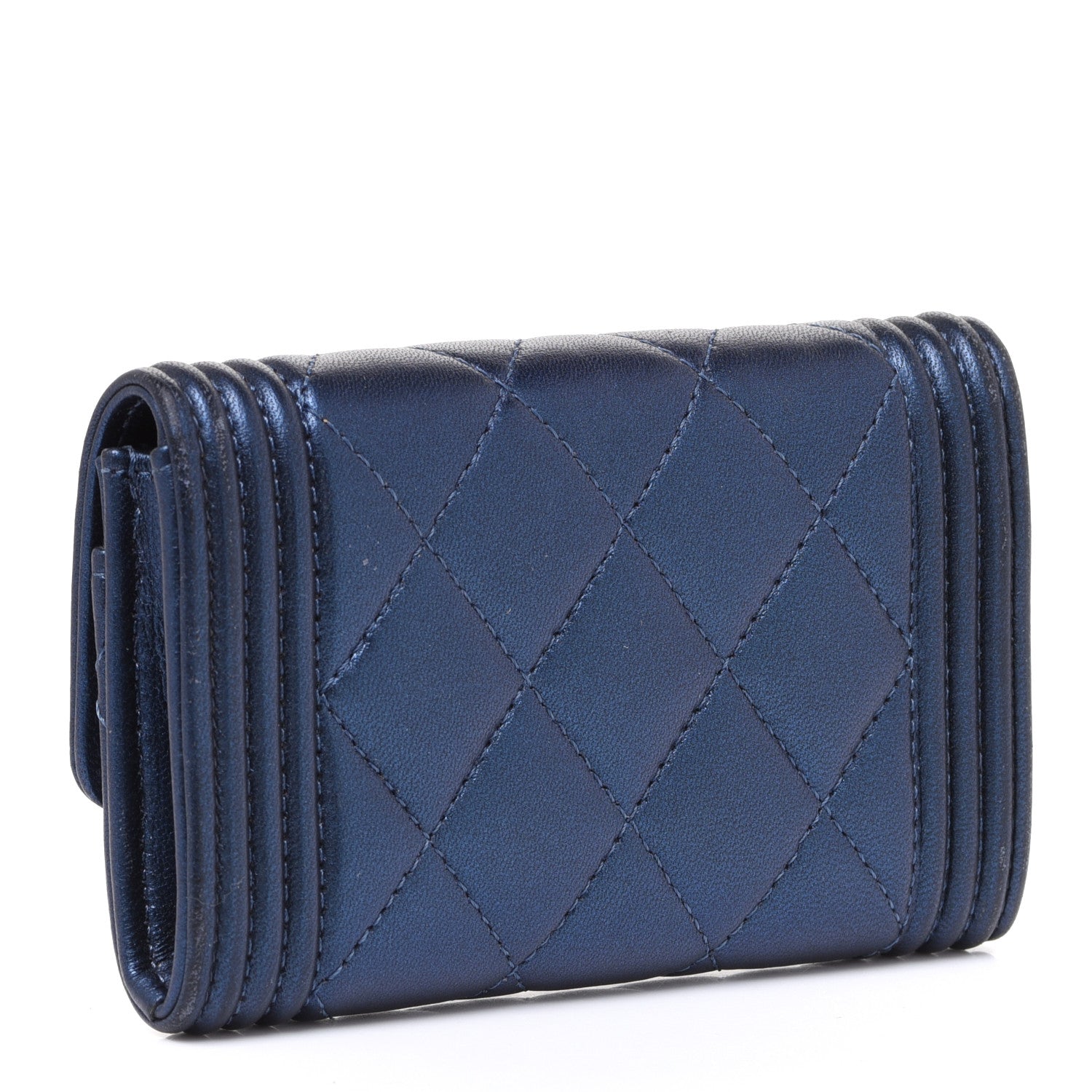 Chanel Metallic Lambskin Quilted Boy Flap Card Holder Blue 3 of 9