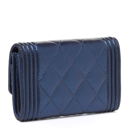 Chanel Metallic Lambskin Quilted Boy Flap Card Holder Blue 3 of 9