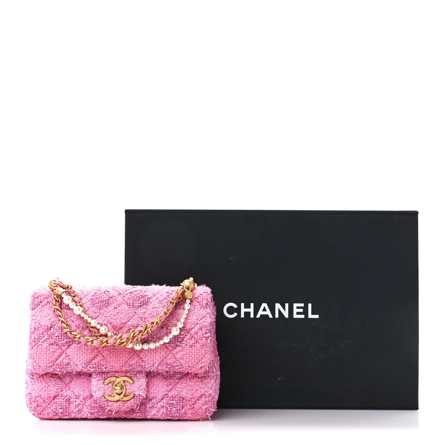 Tweed Quilted Pearl Twist Mini Square Flap Pink Dark Pink