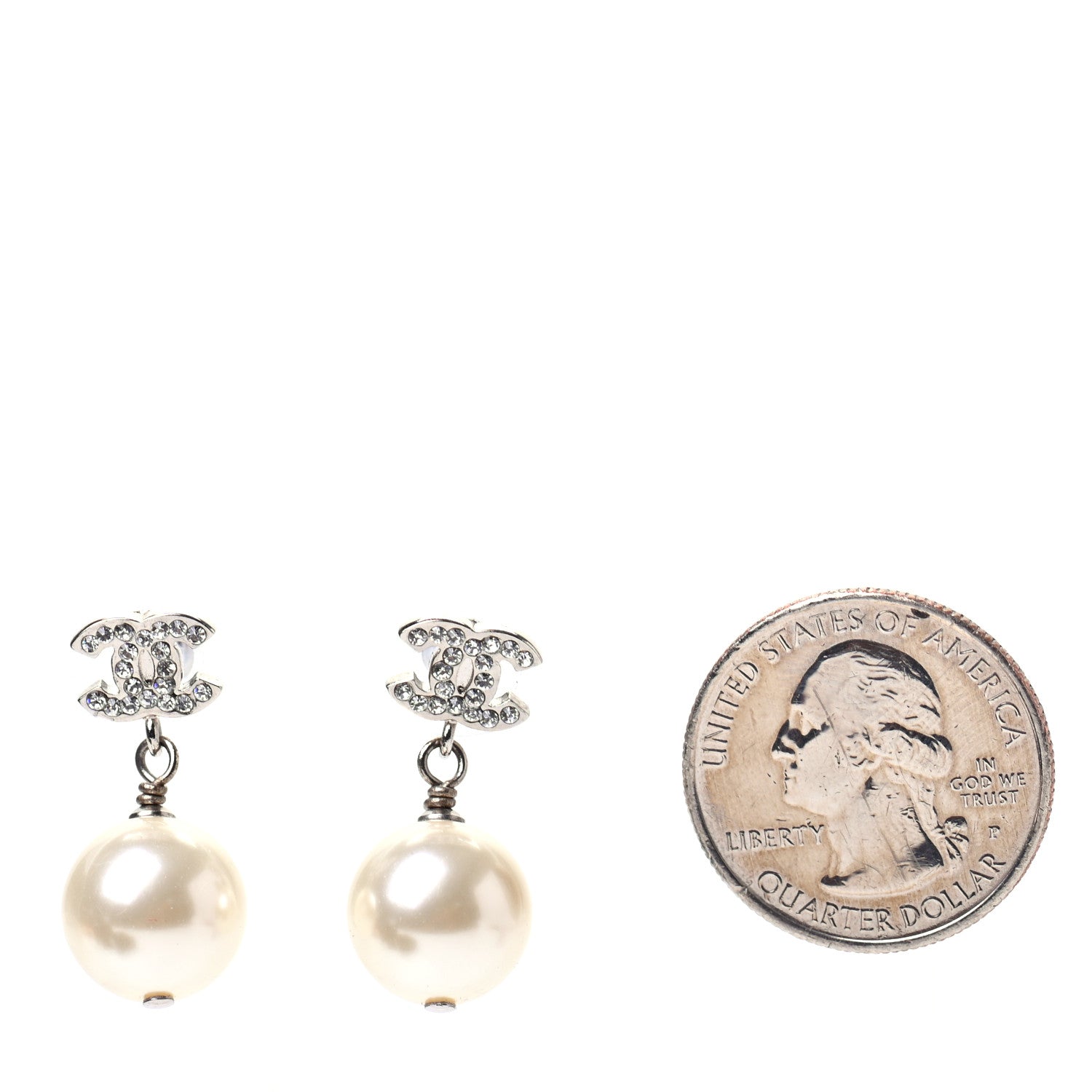 Chanel Crystal Pearl CC Drop Earrings Silver 2 of 5
