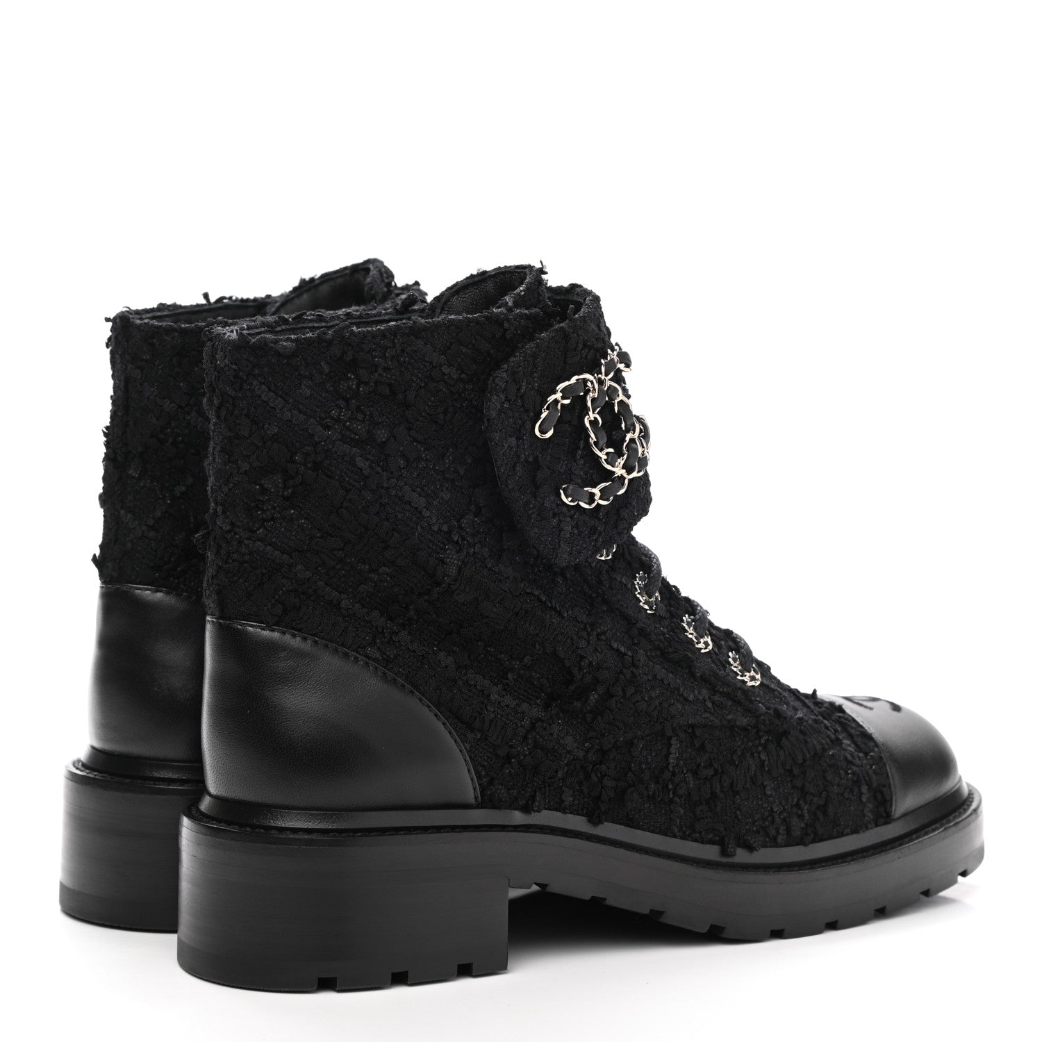 Chanel Tweed Lambskin Quilted Lace Up Combat Boots 39.5 Black 4 of 9