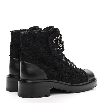 Chanel Tweed Lambskin Quilted Lace Up Combat Boots 39.5 Black 4 of 9