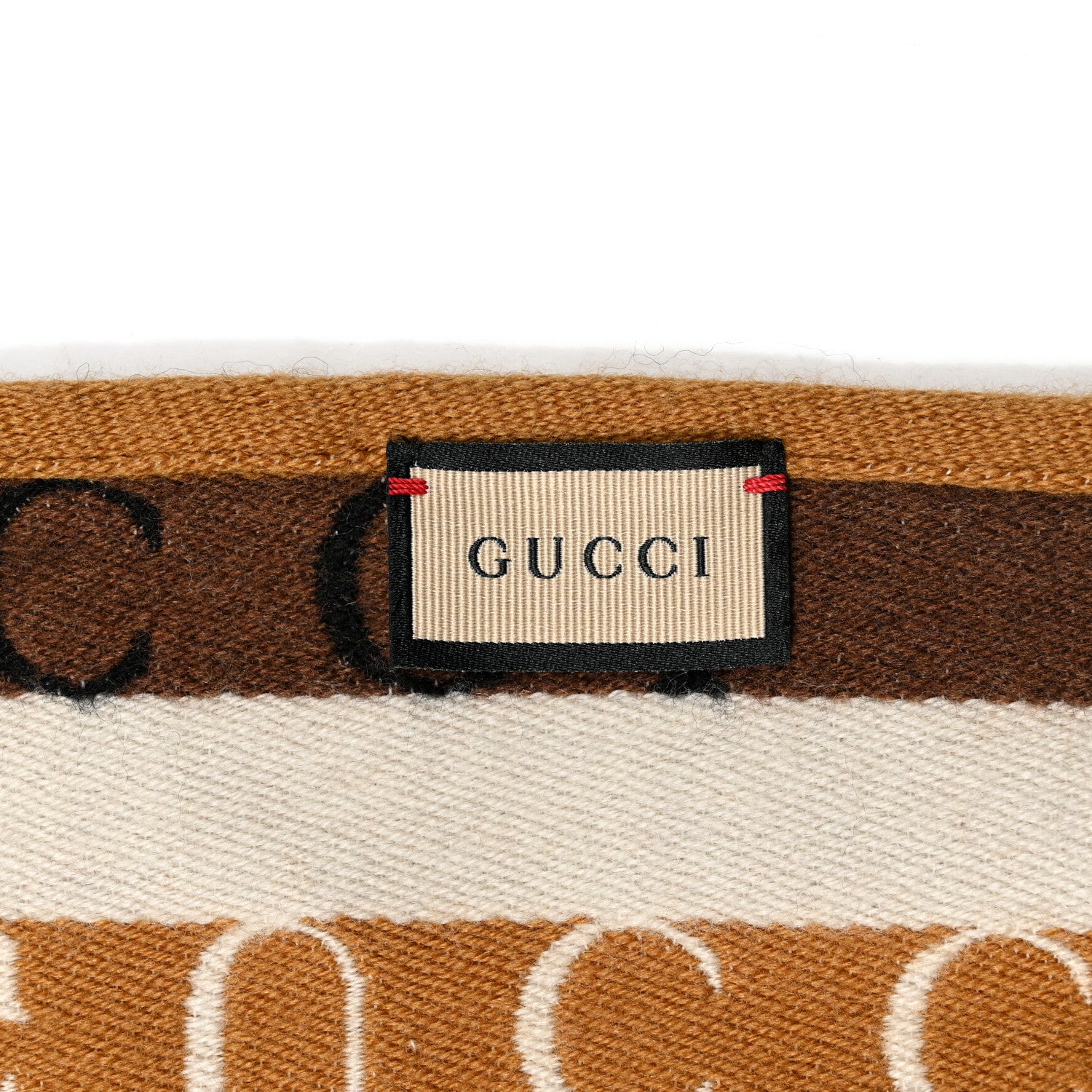 Gucci Wool Cotton Logo Wood Stripes Scarf Light Brown Dark Brown 3 of 4