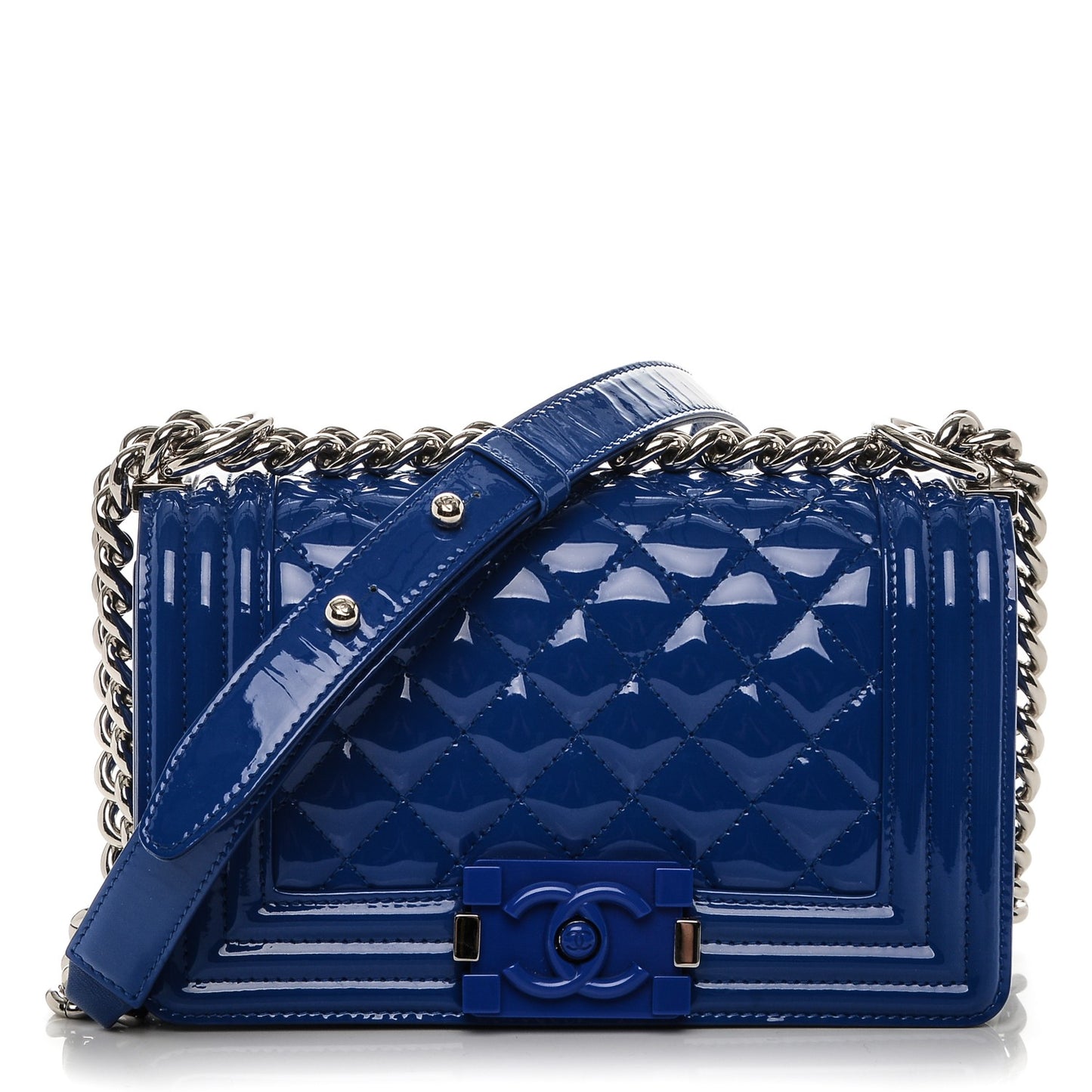 Patent Calfskin Quilted Small Boy Flap Plexiglass Blue