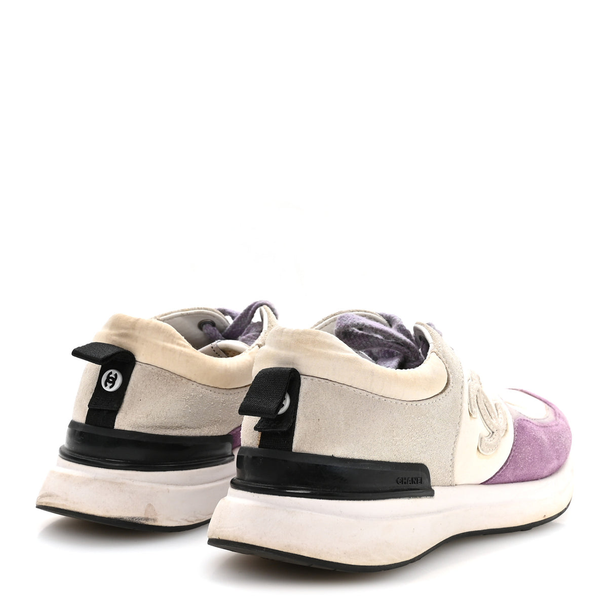 Nylon Calfskin Suede CC Womens Sneakers 36 White Light Grey Purple