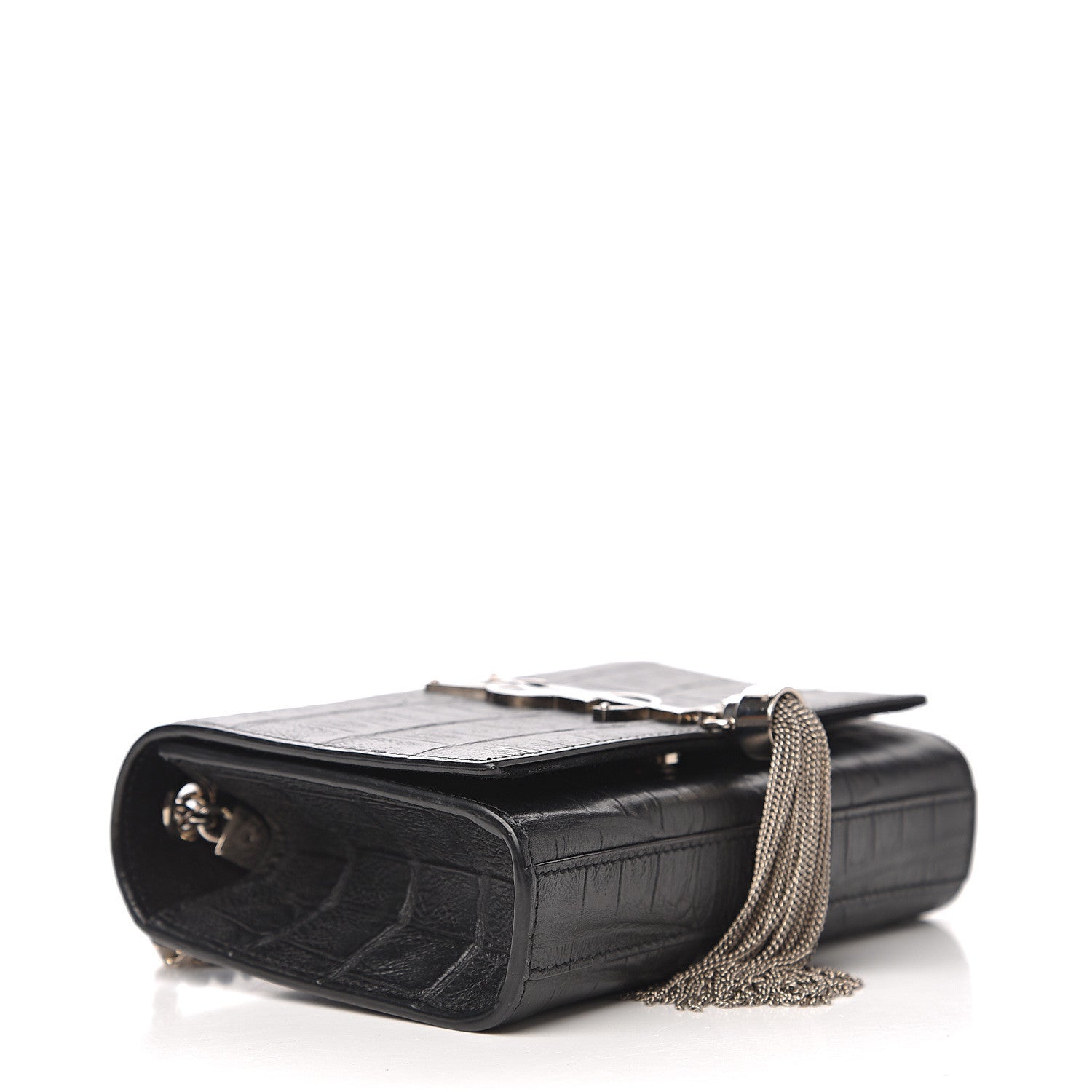Saint Laurent Calfskin Crocodile Embossed Small Classic Monogram Kate Tassel Satchel Black 3 of 10