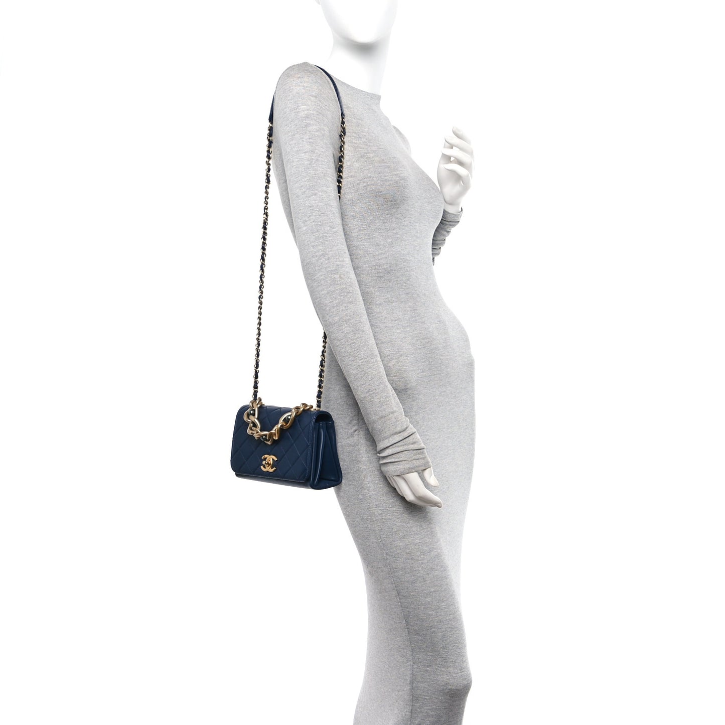 Calfskin Quilted Pearl Jewel Chain Flap Navy