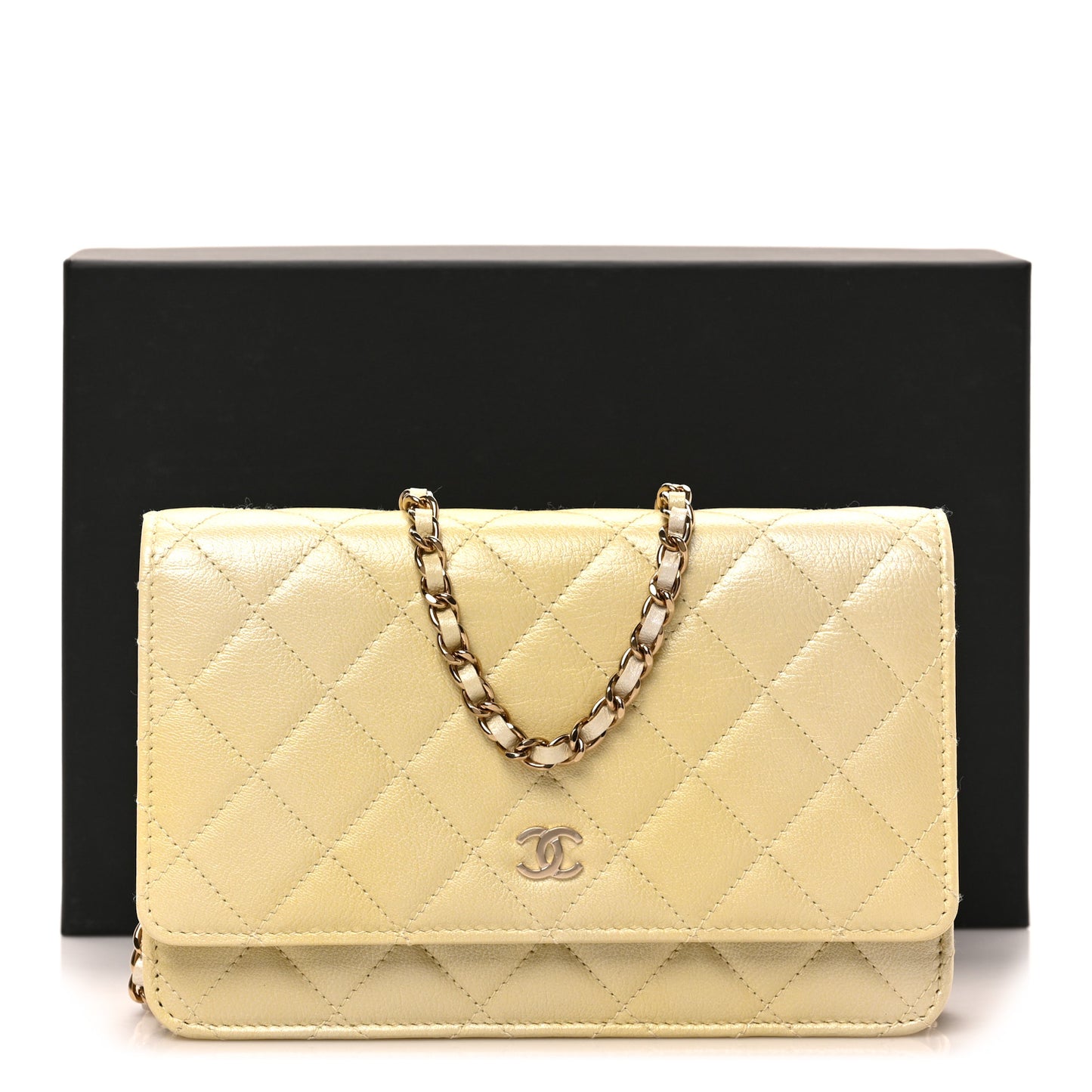 Cloudy Pearly Goatskin Quilted Wallet on Chain WOC Light Yellow