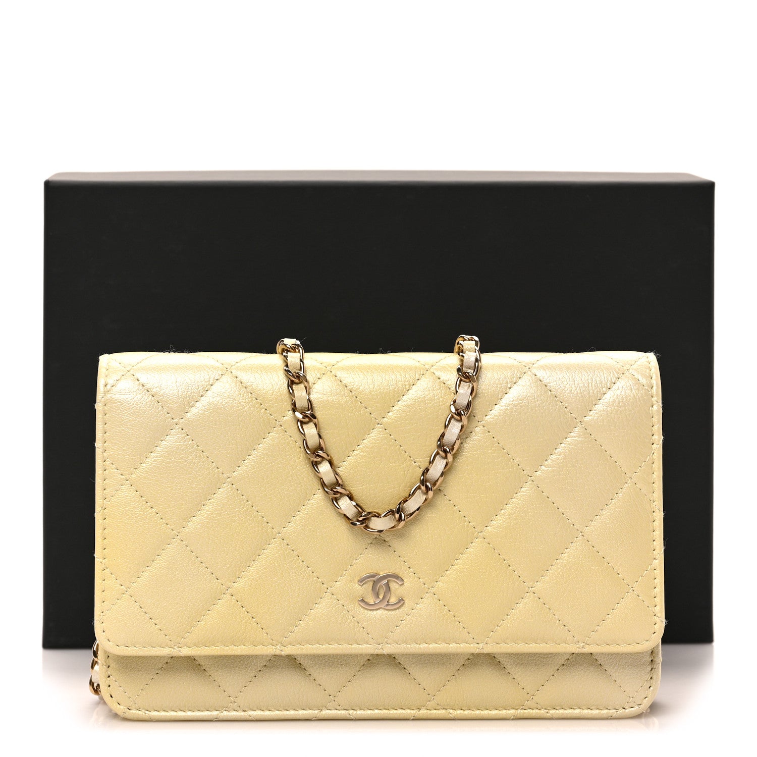 Chanel Cloudy Pearly Goatskin Quilted Wallet on Chain WOC Light Yellow 10 of 10