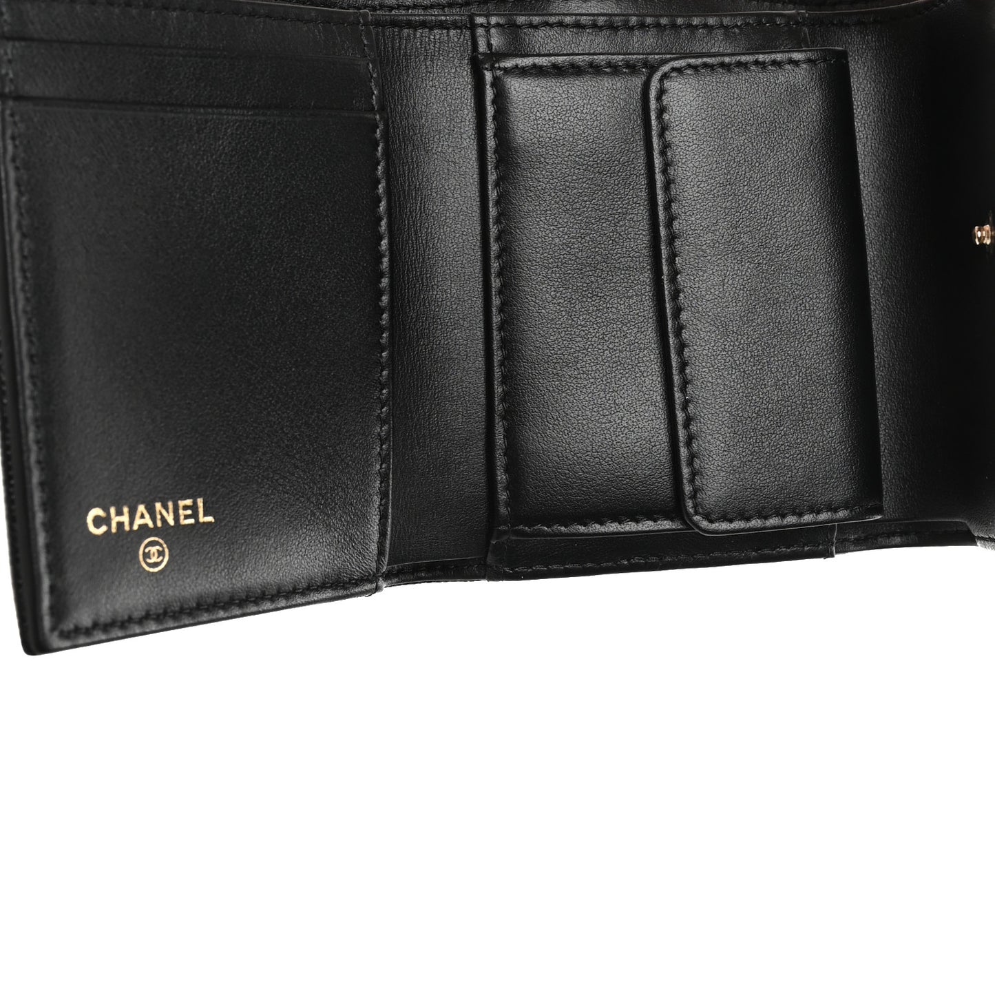 Caviar Camellia Embossed Compact Wallet Black