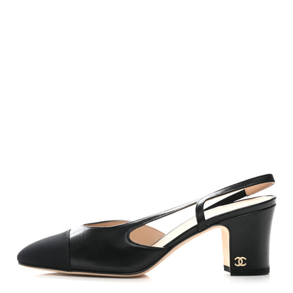 Chanel Goatskin Grosgrain Cap Toe CC Slingback Sandals 36.5 Black 1 of 9