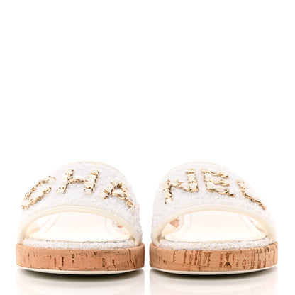 Chanel Tweed Cork CC Chain Mule Sandal 38 White 2 of 11