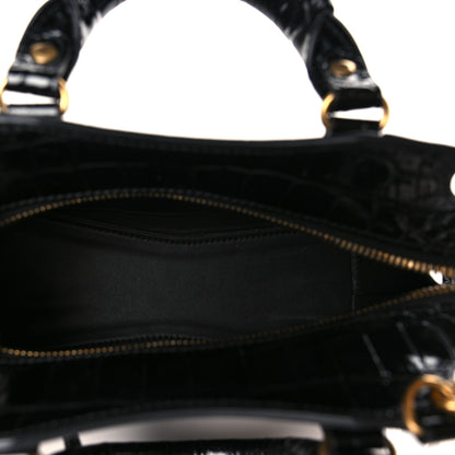 Balenciaga Shiny Supple Calfskin Crocodile Embossed Neo Classic Gold Hardware Mini City Black 5 of 8