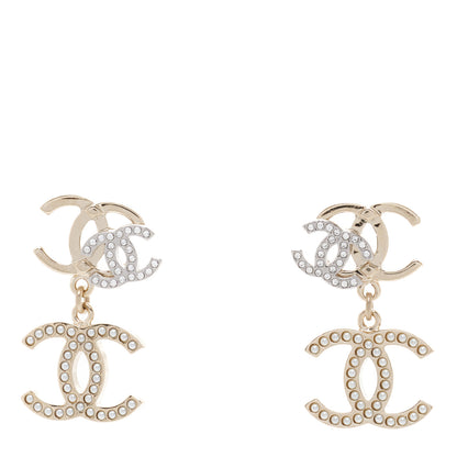 Chanel Crystal Pearl Double CC Drop Earrings Gold Silver 1 of 5