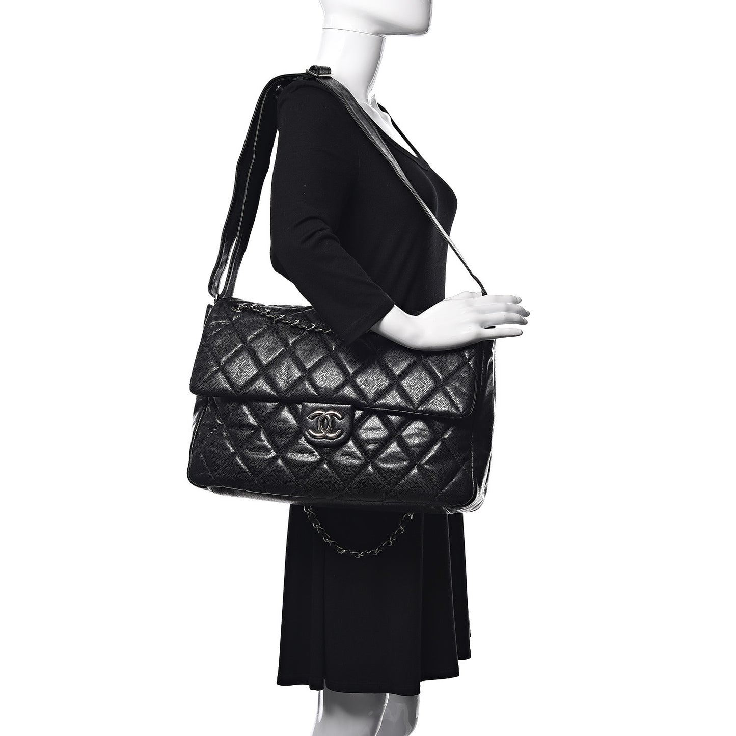 Glazed Caviar Large Nature Flap Bag Black
