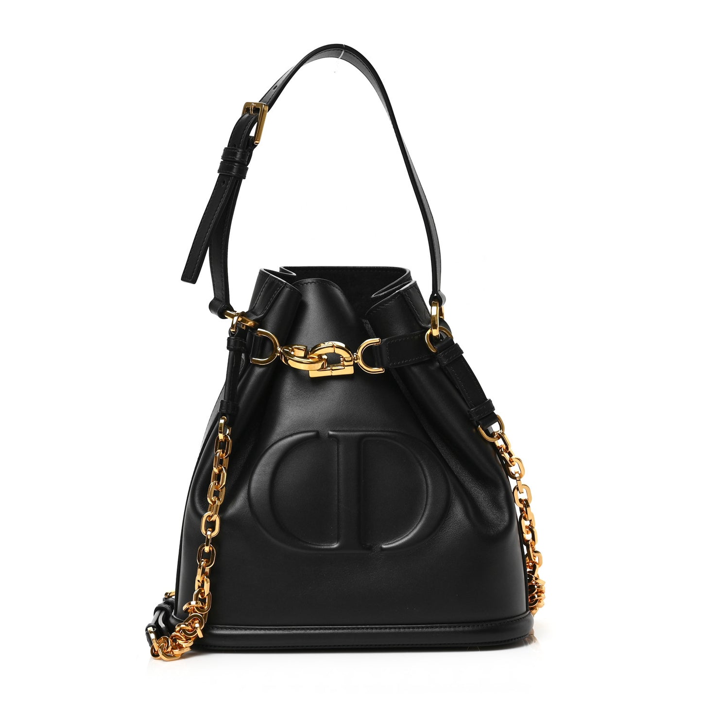 Calfskin CD Embossed Medium C'est Chain Bucket Bag Black