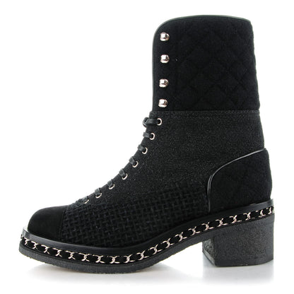 Chanel Tweed Quilted Chain Short Boots 38 Black 1 of 9