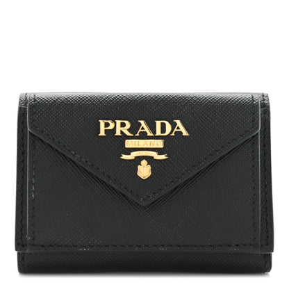 Prada Saffiano Metal Tri-Fold Envelope Card Holder Wallet Black 1 of 9