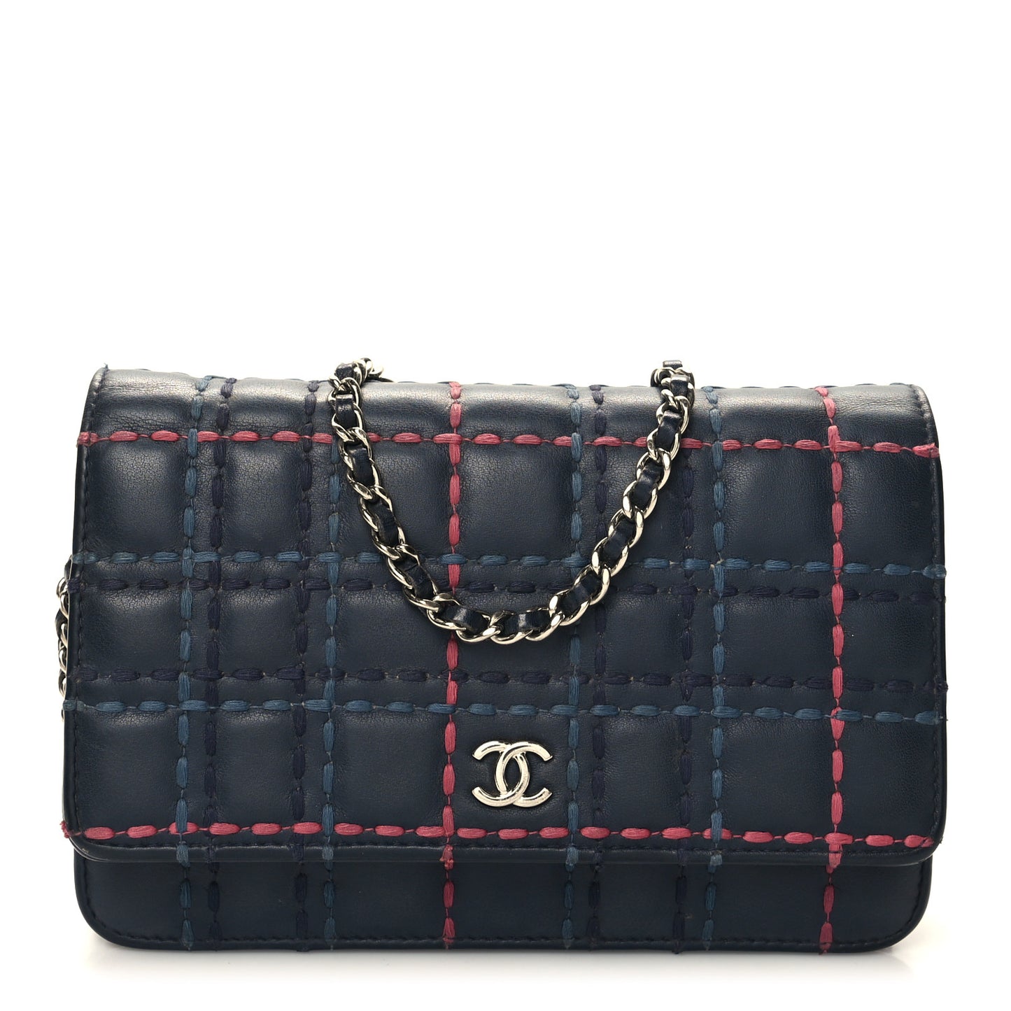 Calfskin Square Stitched Wallet On Chain WOC Blue