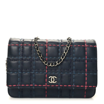 Chanel Calfskin Square Stitched Wallet On Chain WOC Blue 1 of 12