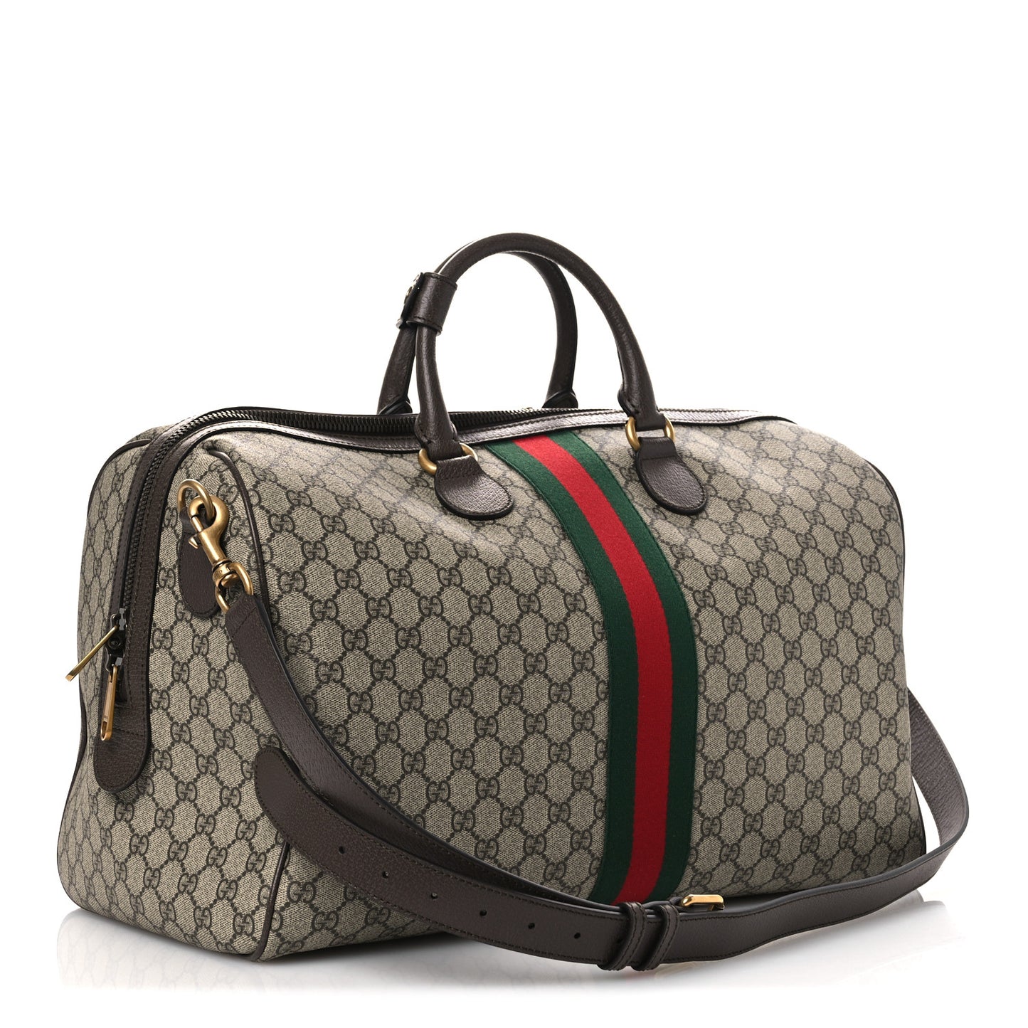 GG Supreme Monogram Textured Dollar Calfskin Web Medium Savoy Duffle Bag Beige Dark Brown