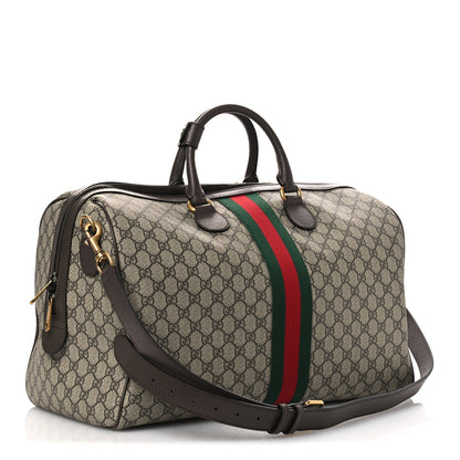 Gucci GG Supreme Monogram Textured Dollar Calfskin Web Medium Savoy Duffle Bag Beige Dark Brown 3 of 12