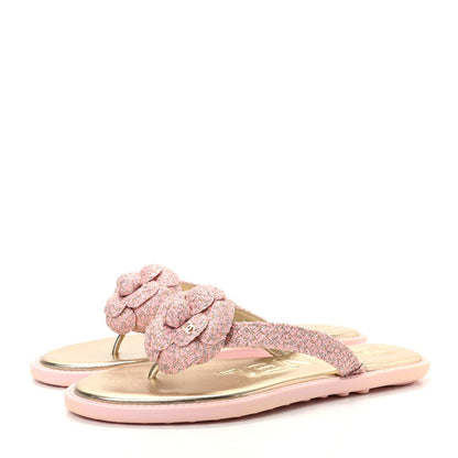 Chanel Tweed Quilted Camellia Thong Sandals 38 Salmon Apricot Gold 3 of 11