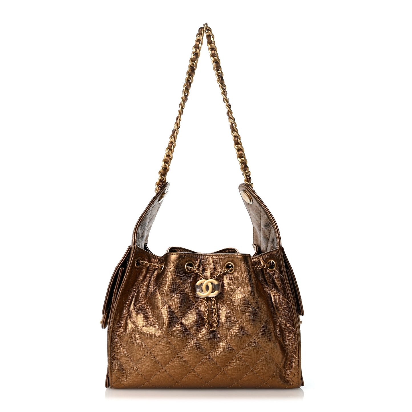 Metallic Caviar Quilted Small Chanel 25 Handbag Gold