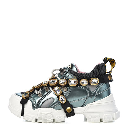 Gucci X SEGA Metallic Calfskin Removable Crystals Womens Flashtrek Sneakers 36 Lago Loess Silver 1 of 11