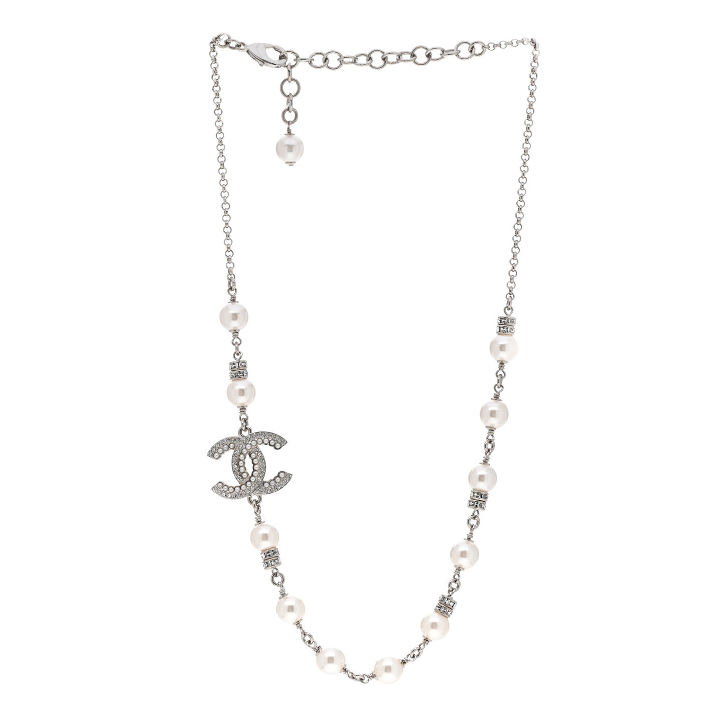 Pearl Crystal CC Necklace Silver