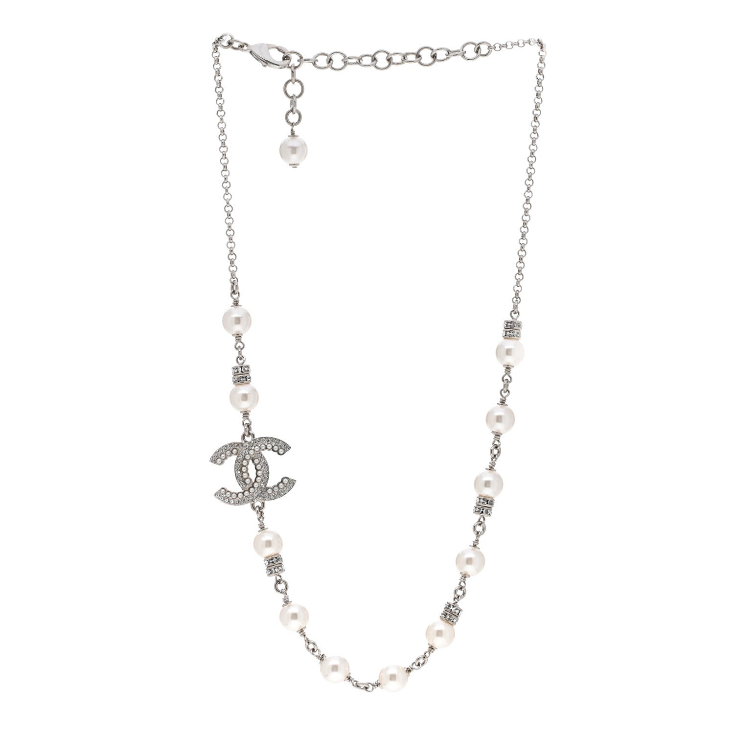 Chanel Pearl Crystal CC Necklace Silver 3 of 7