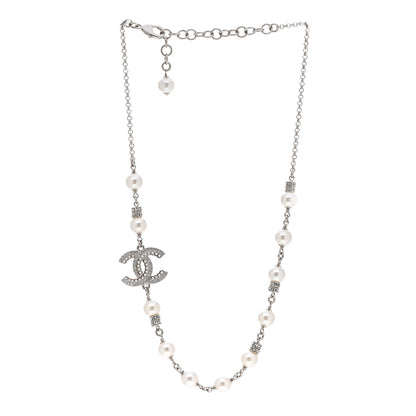 Chanel Pearl Crystal CC Necklace Silver 3 of 7