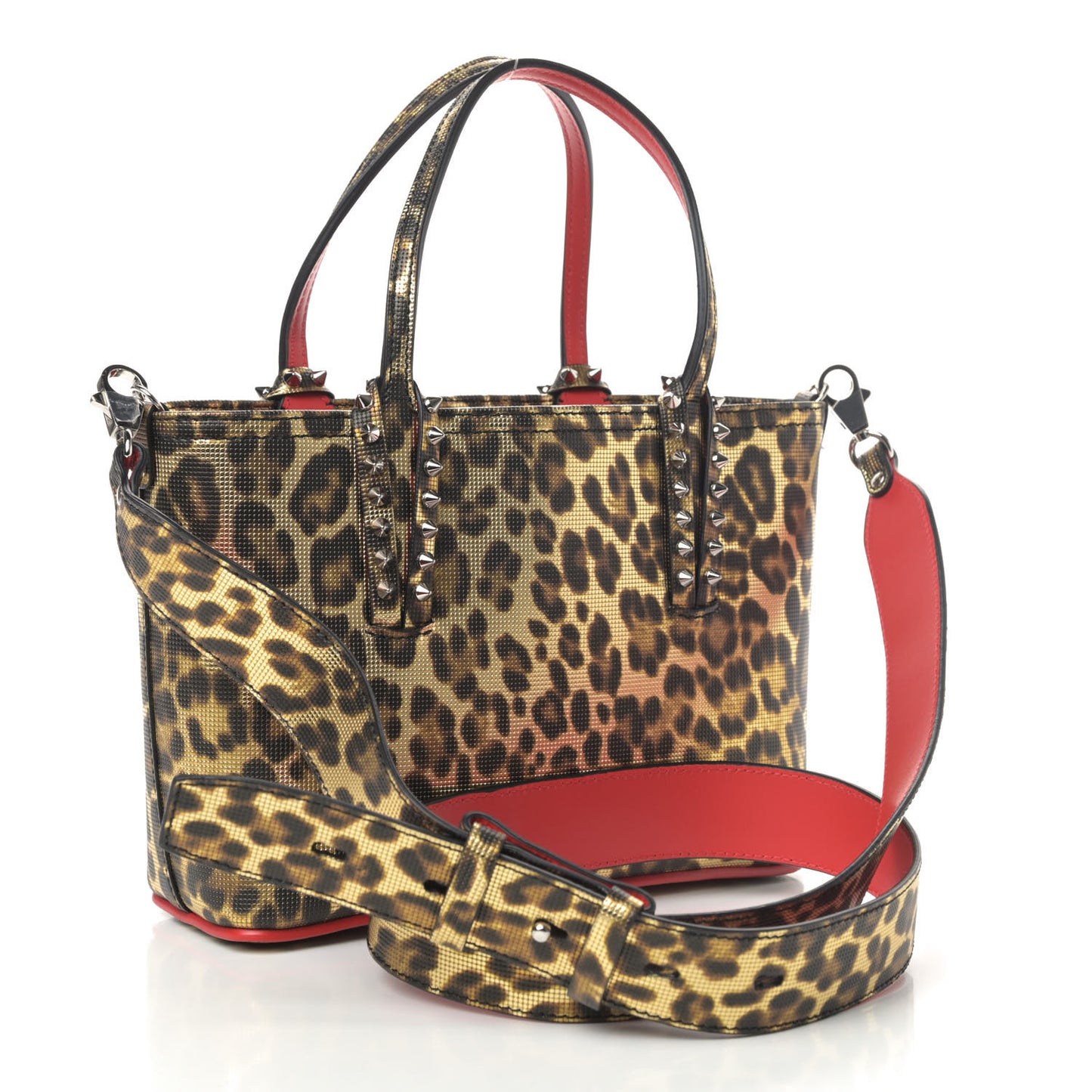 Grained Calfskin Leopard Print Spikes Mini East West Cabata Tote Gold