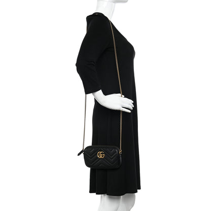 Gucci Calfskin Matelasse Mini GG Marmont Chain Crossbody Bag Black 2 of 12