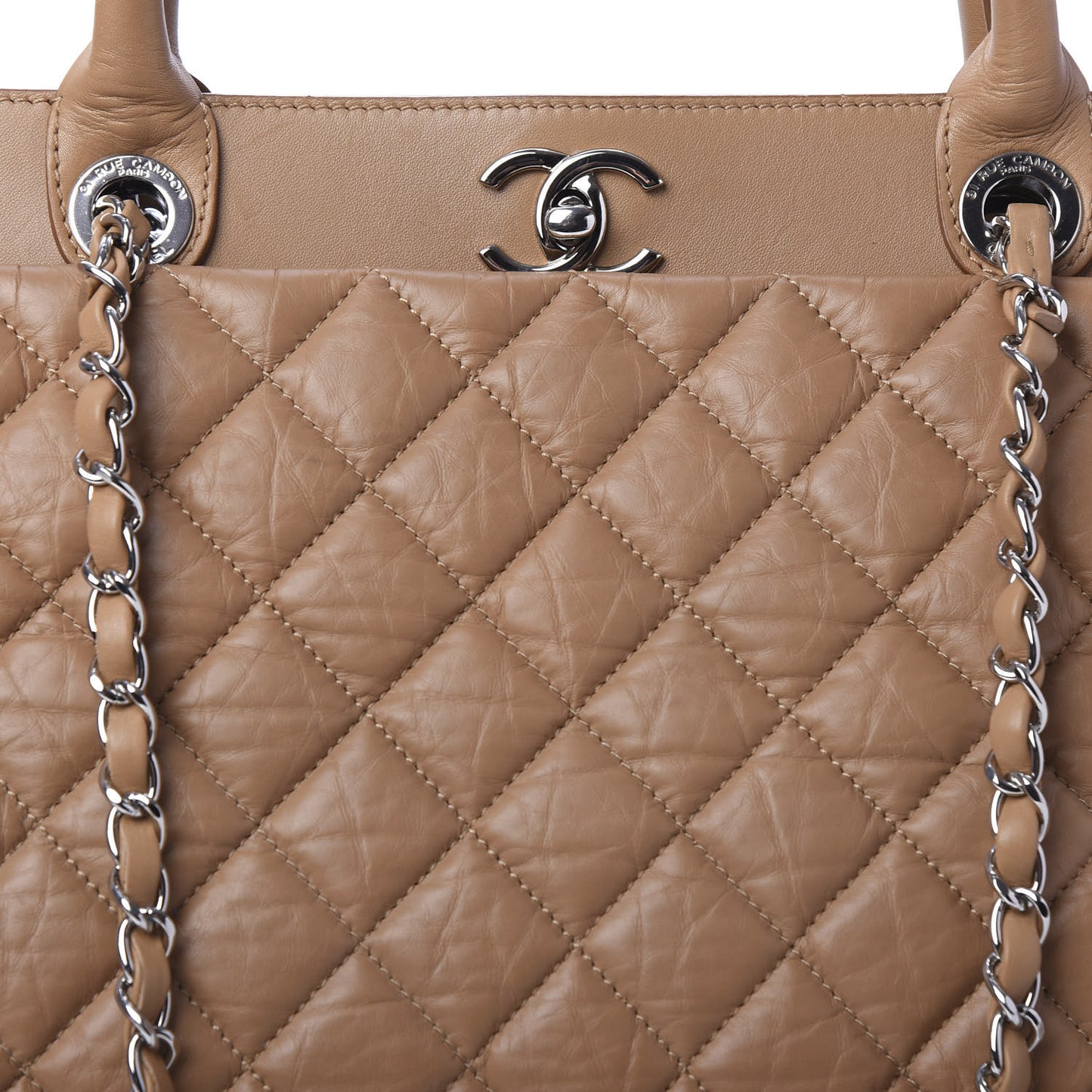 Aged Calfskin Quilted Be CC Tote Beige
