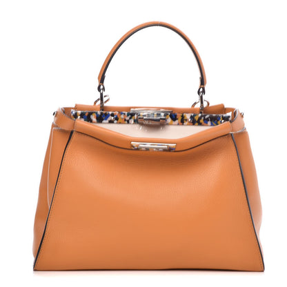 Fendi Vitello Seta Shiny Nappa Plexiglass Granite Medium Peekaboo Iconic Satchel Ginger Latte 1 of 15