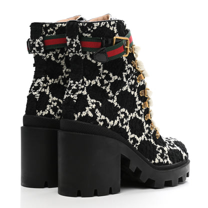 Gucci Tweed GG Monogram Lace Up Combat Ankle Boots 38.5 Black 4 of 9