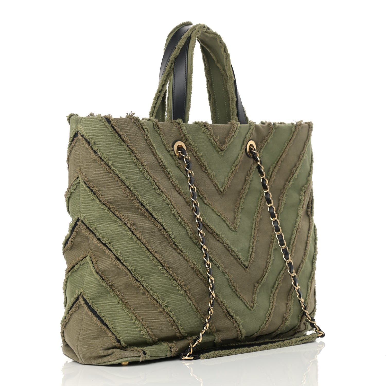 Chanel Canvas Chevron Cuba Patchwork Shopper Tote Khaki 2 of 12