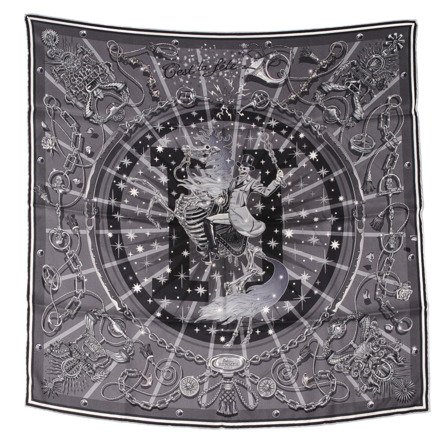 Hermes Silk C'Est La Fete Scarf 70 Gris Anthracite Gris Fonce 2 of 9