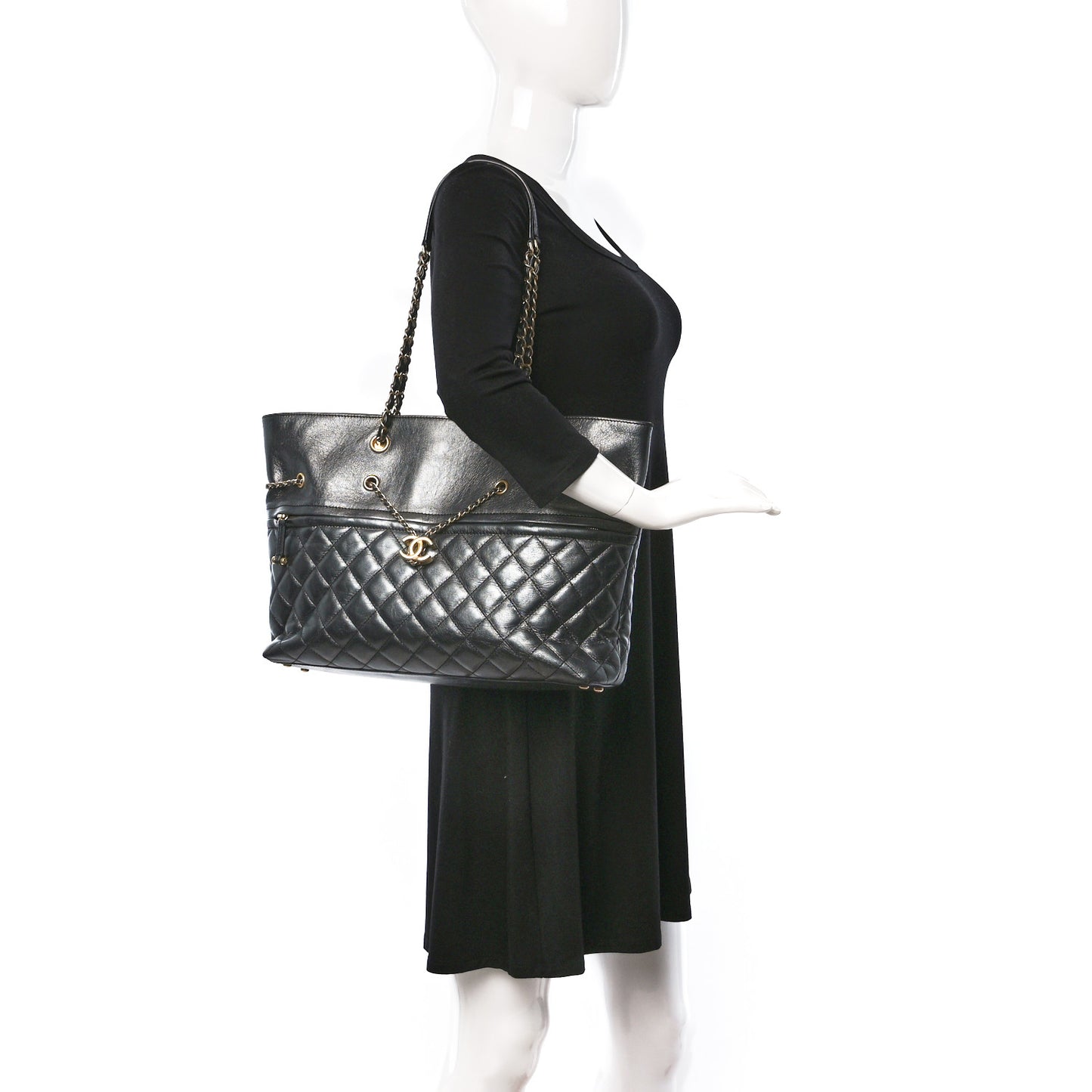 Aged Calfskin Quilted Drawstring Shopping Tote Black