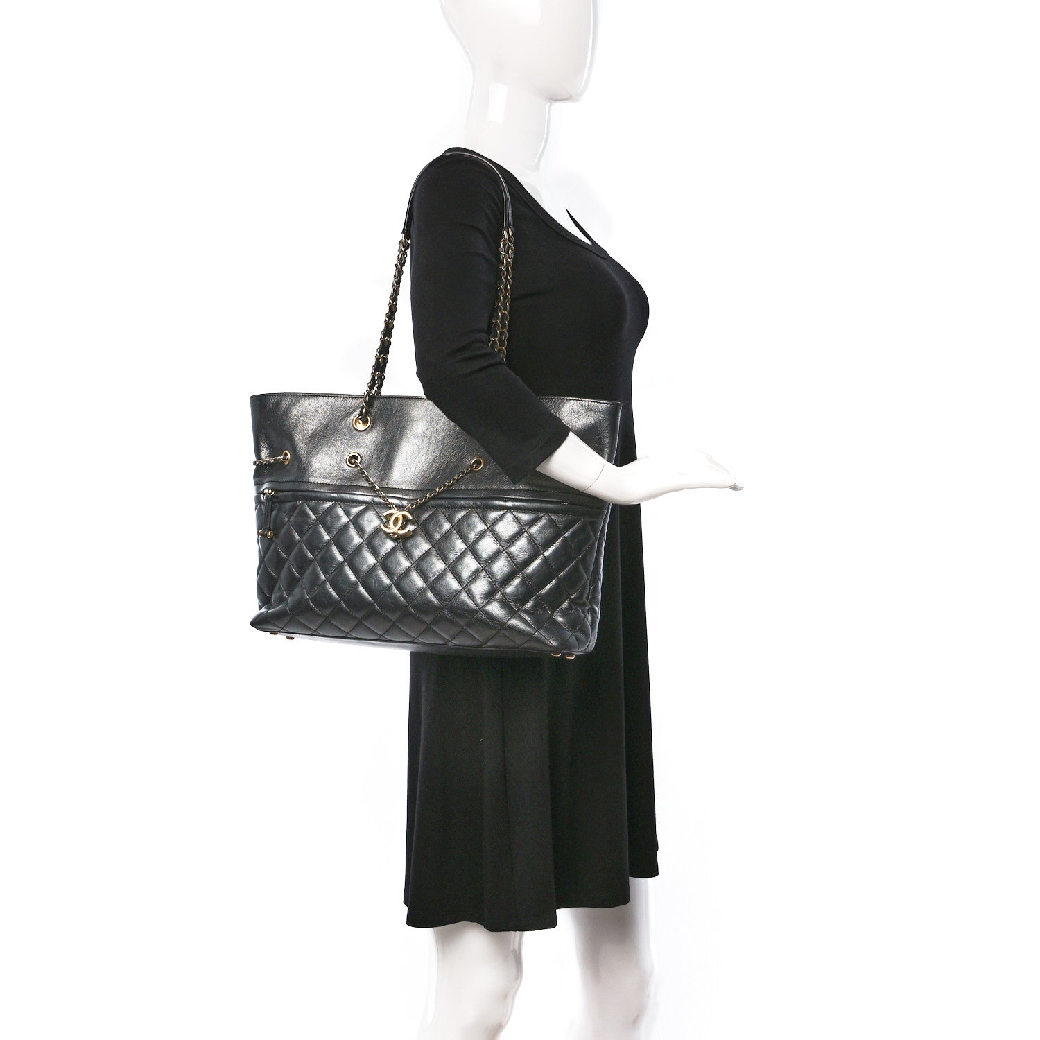 Chanel Aged Calfskin Quilted Drawstring Shopping Tote Black 2 of 9