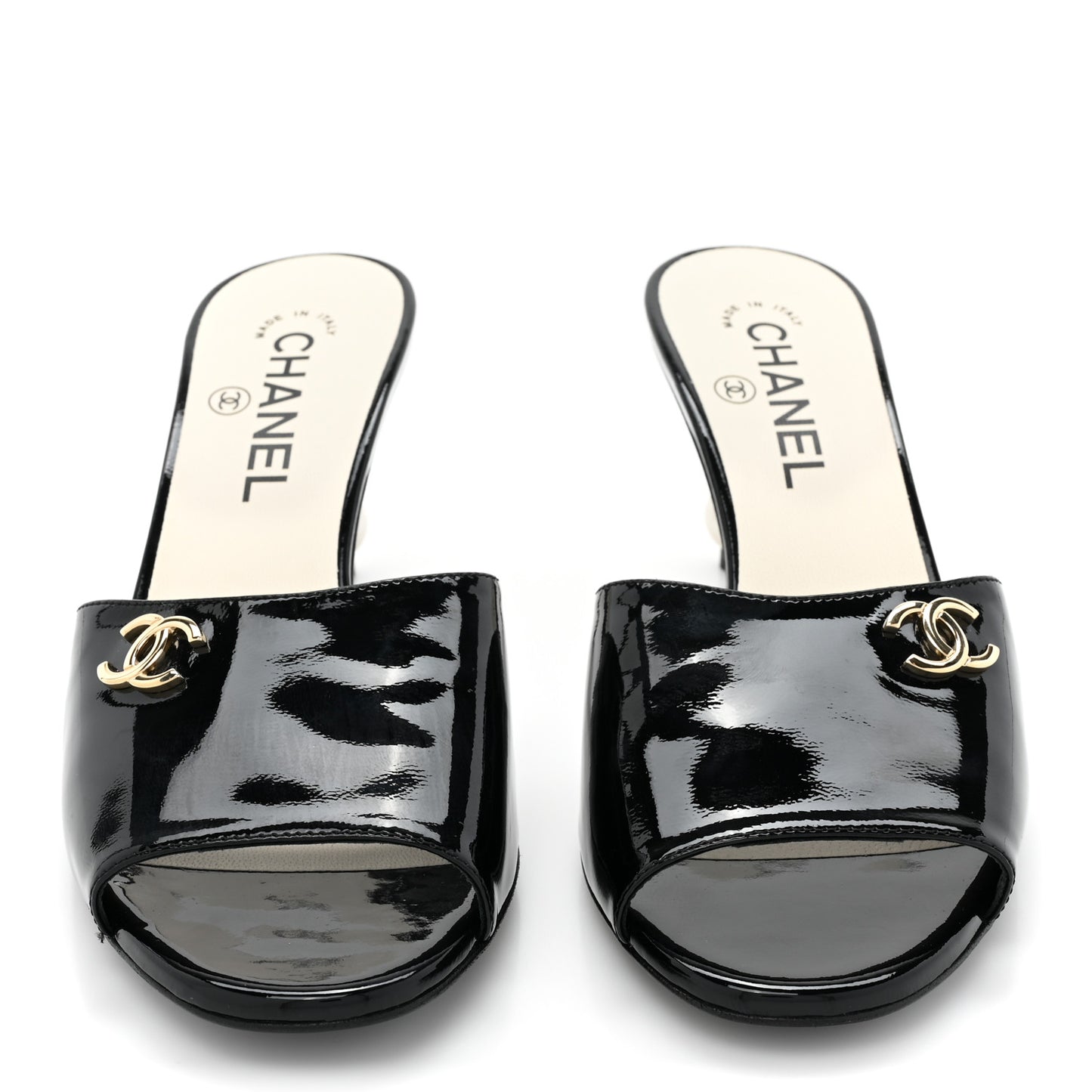 Patent Lambskin Pearl Mules 38 Black