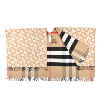 Burberry Wool Cashmere Lambskin Monogrammed TB Print Half Mega Check Cape Scarf Archive Beige 2 of 4