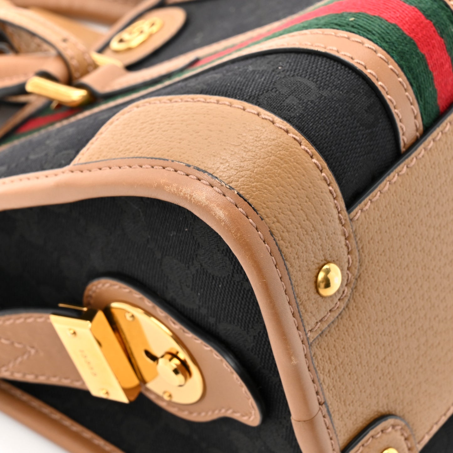 Monogram Textured Dollar Calfskin Web Small Bauletto Duffle Top Handle Bag Black Koi Beige