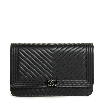 Chanel Calfskin Chevron Boy Wallet On Chain WOC Black 1 of 7
