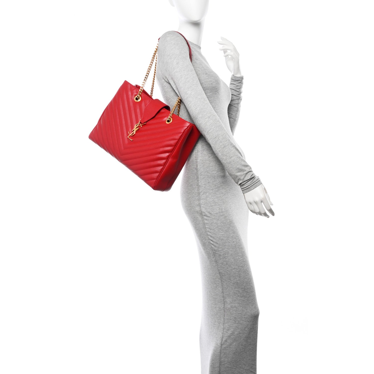 Saint Laurent Grain De Poudre Matelasse Chevron Monogram Shopping Bag Red 2 of 12