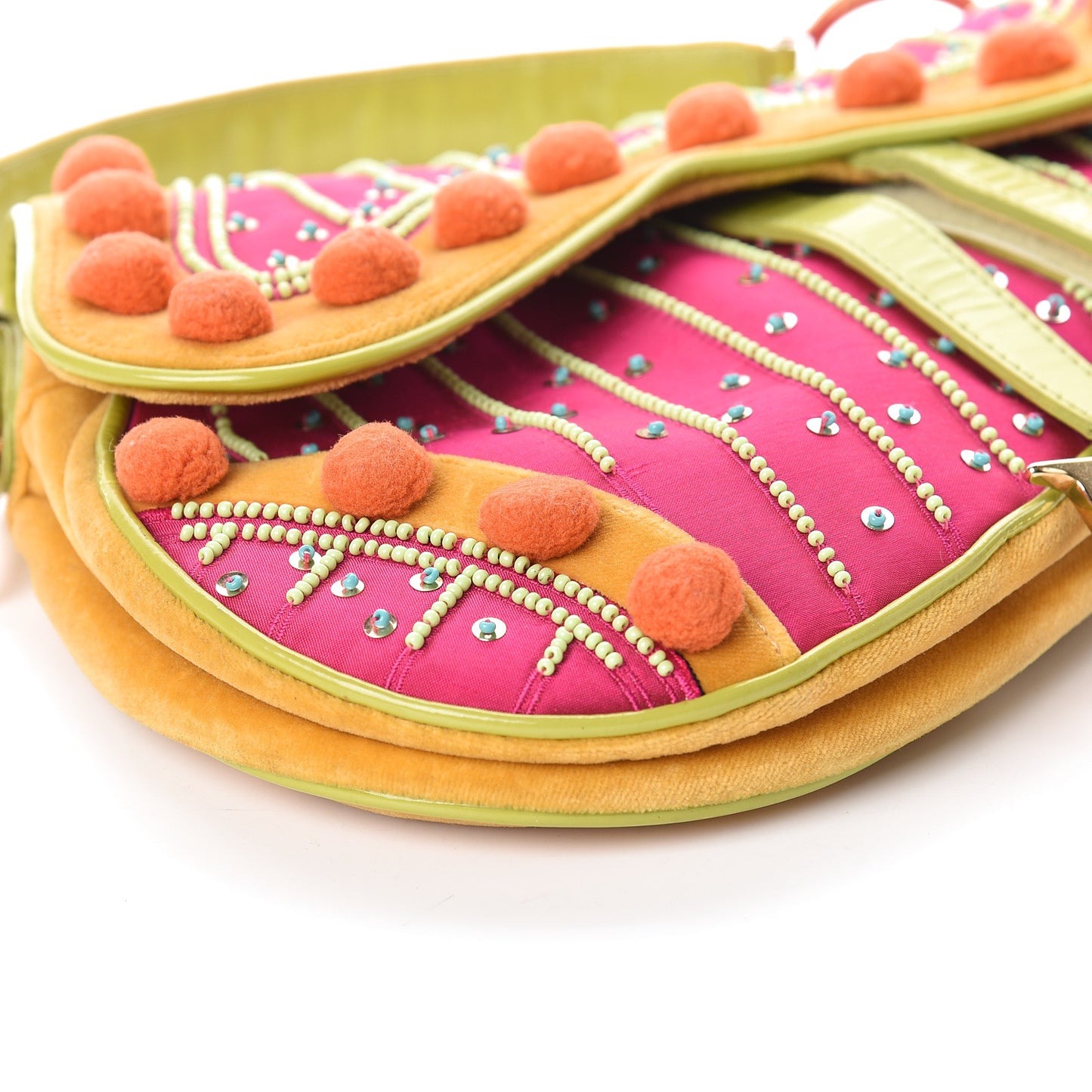 Velvet Nylon Pom Pom Saddle Bag Multicolor