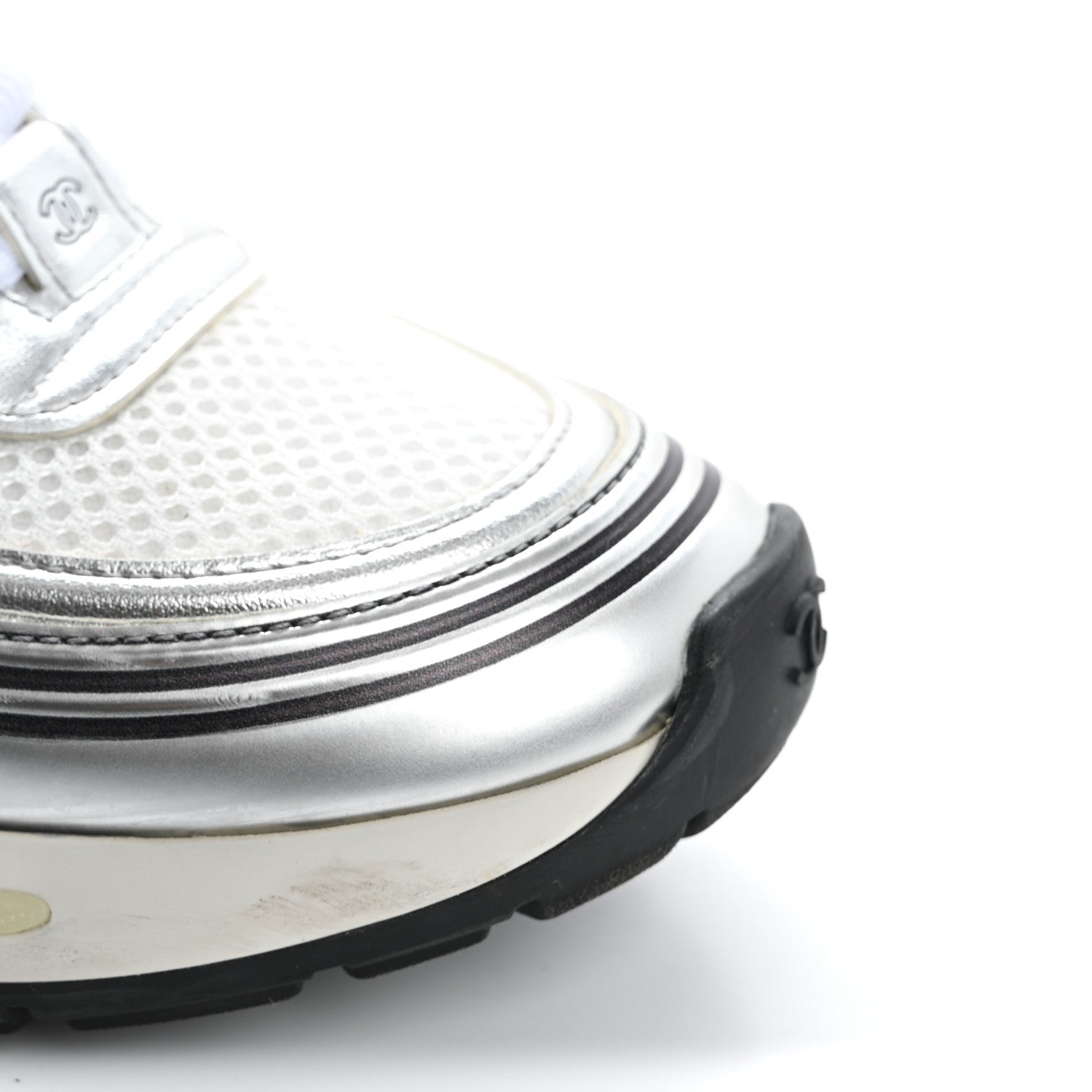 Chanel Fabric Laminated Calfskin Stretch CC Sneakers 37 White Silver 14 of 17