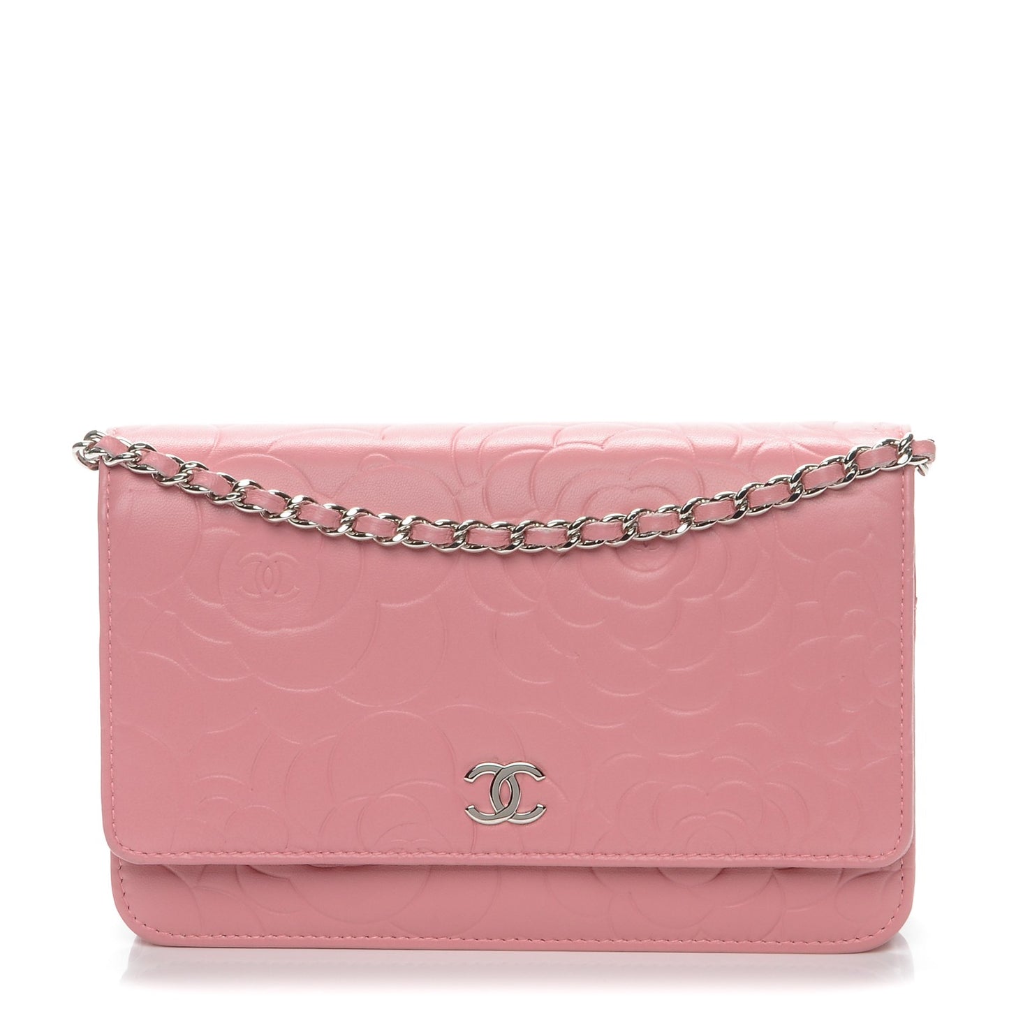Lambskin Camellia Embossed Wallet On Chain WOC Pink