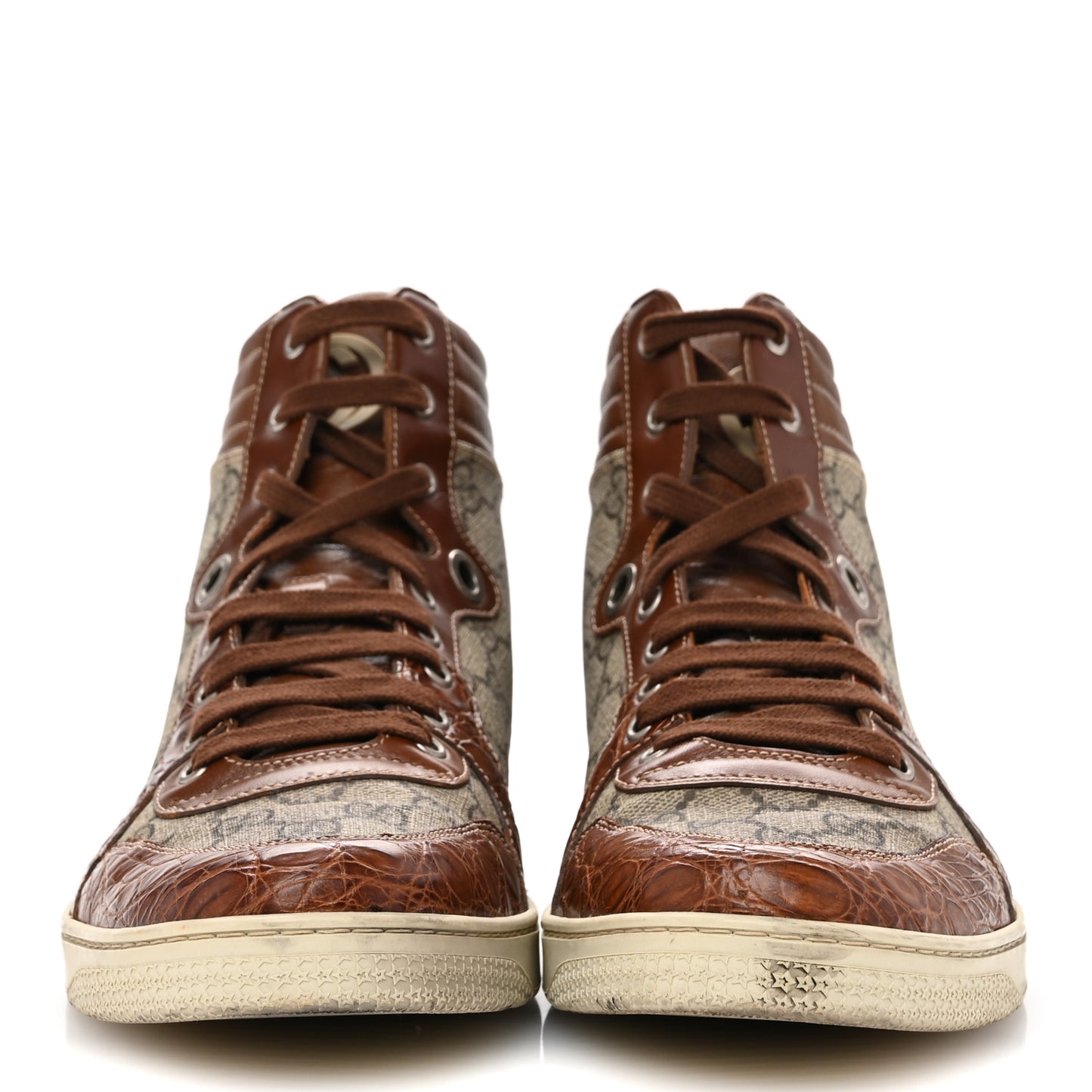 GG Plus Monogram Calfskin Crocodile Embossed Mens Coda High Top Sneakers 10.5 Brown